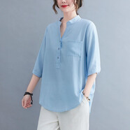 萌菲思肥胖女裝加大碼200斤胖妹妹穿的夏季肥婆衣服復(fù)古文藝短袖遮肚子 淺藍色 4XL【建議160-180斤】