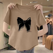 珞達(dá)達(dá)短袖t恤女春夏2025女裝新款韓版百搭圓領(lǐng)不規(guī)則上衣體恤打底衫 咖啡色蝴蝶結(jié) 2XL 建議125-140斤