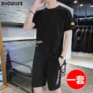帝歐萊夫夏天男士休閑套裝夏季運動(dòng)套裝男衣服冰絲短袖T恤運動(dòng)服套裝潮牌 955黑色 M