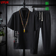 UYUK國風(fēng)中國風(fēng)套裝男唐裝男潮牌復(fù)古外套中式漢服古裝冰絲短袖T恤男青年 TZ018黑色 L