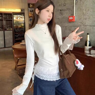 妙奕嘉白色打底衫女蕾絲長(zhǎng)袖t恤女士洋氣款2025春季新款內(nèi)搭半高領(lǐng)上衣 木耳花邊喇叭袖杏色上衣 L 【建議95-115斤】