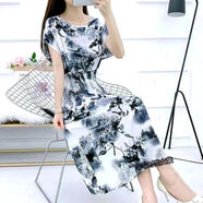 夏民族風(fēng)棉綢碎花連衣裙海邊度假人棉仙女裙大碼印花綿綢短袖長(cháng)裙 蝙蝠袖黑白牡丹圖 M 80-95