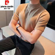 皮爾卡丹（pierre cardin）半高領(lǐng)毛衣男士短袖針織衫2025新款半袖毛衣中領(lǐng)男款內(nèi)搭打底衫 卡其色 M 【推薦120斤以內(nèi)】