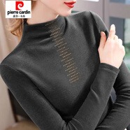 皮爾卡丹（pierre cardin）半高領(lǐng)德絨打底衫女士氣質(zhì)百搭鑲鉆長(zhǎng)袖t恤秋冬加厚磨毛保暖上衣 灰色-金色領(lǐng)鉆 XL 建議120-135斤