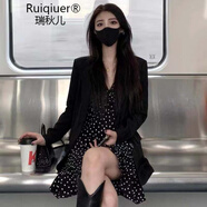 RUIQIUER連衣裙新款女裝百搭小西裝上衣兩件套套裝法式波點(diǎn)吊帶小黑裙子女 黑色外套+黑色波點(diǎn)吊帶裙 M