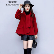 佰藍嬌毛呢大衣女短款2024春秋冬季女裝新款韓版百搭小個(gè)子斗篷呢子外套 紅色 S