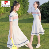皮爾卡丹（pierre cardin）少女連衣裙甜美收腰初中生夏裝13大童16學(xué)生POLO裙學(xué)院風(fēng)裙子 白粉藍(lán) 2XL (125-135斤)