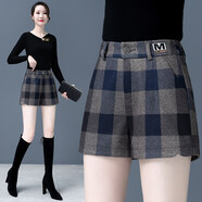 魅力棠毛呢短褲女秋冬2024新款高腰外穿寬松百搭闊腿a字褲呢子打底靴褲 格子 2XL/30(125-135斤)