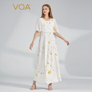 VOA40姆米重磅桑蠶絲圓領(lǐng)短袖拼接喬其荷葉淑女真絲連衣裙 AE1363-2 歲月鎏金（E07） 2XL
