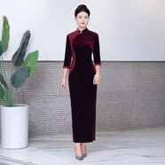 鴻韻繡旗袍中國風(fēng)秋季新款韓國絨改良旗袍禮服復古媽媽喜婆婆敬酒服長(cháng)款 【酒紅】韓國絨拼花邊蕾絲長(cháng)款 2XL