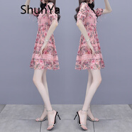 shunya國潮潮牌新款連衣裙夏女裝寬松遮肚顯瘦復古蕾絲網(wǎng)紗碎花雪紡裙子 粉紅色 XL