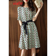 VIAFRR香港潮牌短袖波點(diǎn)雪紡連衣裙2021夏季新款法式復古收腰顯瘦女人味時(shí)尚高端洋氣裙子 綠色 M