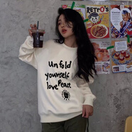 文頗100%純棉面料網(wǎng)紅同款撞色多巴胺標語(yǔ)圓領(lǐng)長(cháng)袖衛衣男女同款寬松休 華棉A4-53-UN黑圓領(lǐng)-白加絨 S