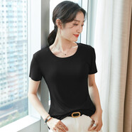 谷卓詩(shī)夏裝新款V領(lǐng)修身短袖T恤女純色雞心領(lǐng)棉質(zhì)打底女士半袖體恤衫 黑色 3XL