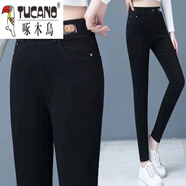 啄木鳥(niǎo)秋冬加絨小腳褲女2026新款松緊高腰修身鉛筆褲時(shí)尚顯瘦遮肉牛仔褲 K95純黑單褲 29 建議110-120斤