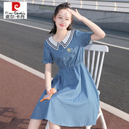 皮爾卡丹（pierre cardin）少女連衣裙中學(xué)生牛仔裙大童夏裝新款初中生裙子高中生學(xué)院風(fēng)女裝 21360牛仔藍 S