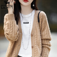 牧蘭奴卡新款羊毛衫女純羊毛開(kāi)衫v領(lǐng)長(cháng)袖麻花毛衣外套寬松慵懶針織衫上衣 駝色 L (115-125斤)