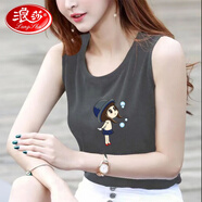 浪莎（LangSha）輕奢高檔品牌純棉吊帶背心女寬松大碼圓領(lǐng)無(wú)袖印花T恤女背帶背心 灰色-泡泡女孩(純棉) XL 建議115-130斤