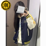 曼迪尚（MANDISHANG）復古美式ins撞色拼接條紋棒球服夾克男女春秋季寬松休閑外套上衣 藏青色 L