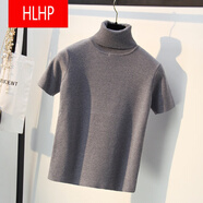 HLHP輕奢高檔品牌韓版秋冬高領(lǐng)毛衣女短袖修身套頭打底針織衫半袖大da碼外套上衣加厚 灰色 M90-100