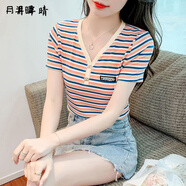 月半晴（YUEBANQING）時(shí)尚彩色條紋顯瘦T恤女2025夏季新款修身v領(lǐng)短袖女裝氣質(zhì)通勤小衫 桔條紋 M _建議95斤-105斤