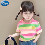 迪士尼（Disney）兒童純棉t恤2024夏裝新款女童中小童寶寶百搭上衣洋氣短袖打底衫 花朵粉綠條 短袖款 90 建議身高80-90cm