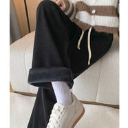 勛貍粑羊羔絨褲子女春秋冬季加絨加厚保暖抗寒外穿寬松休閑燈芯絨闊腿褲 黑色-冬季嬰兒絨  2XL 125-145斤