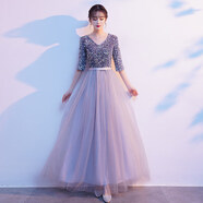 普戈斯2025大合唱演出服女修身長(zhǎng)裙星空晚禮服氣質(zhì)主持人唱歌朗誦表演服 銀灰色【大合唱演出服禮服】 XL