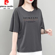 皮爾卡丹（pierre cardin）短袖T恤女裝夏季新款潮漂亮中年裝寬松時(shí)尚洋氣百搭上衣顯瘦 灰色-多字母印花 131#胸前不拼接 3XL 建議130-150斤