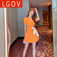 LGOV女裝旗艦店歐洲站法式小個(gè)子西裝連衣裙女夏季薄款氣質(zhì)收腰短袖蝴蝶結小西服 橙色 S