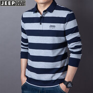 吉普（JEEP）長(zhǎng)袖t恤男純棉寬松春秋新款翻領(lǐng)男士時(shí)尚條紋體恤衫大碼男裝上衣 灰色 M (建議110-135斤)