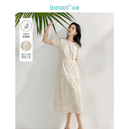 茵曼（INMAN）法式100%純棉重工雕孔繡花連衣裙2025夏女裝新品圓領(lǐng)短袖寬松長(cháng) 悠蘭杏 XL
