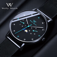 welly merck威利默克手表男輕奢男士防水夜光表石英時(shí)尚多功能WM學(xué)生運(yùn)動(dòng)表 月相男表 黑殼網(wǎng)帶 40MM M1BBL