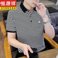 恒源祥（HYX）品牌男裝T恤條紋冰絲短袖t恤男士夏季翻領(lǐng)休閑體恤高端帶領(lǐng)半袖po 黑色23085 XB-上衣服男 L 170（105-120斤）-上衣服男