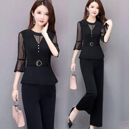 品哥弟新夏季新款套裝女韓版時(shí)尚氣質(zhì)顯瘦雷網(wǎng)紗修身大碼兩件套女裝2025潮 黑色(套裝)面料 垂直感好 M 建議 90-100斤