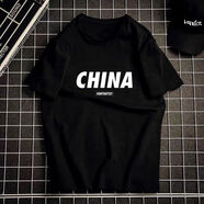 堡馳狼 港風(fēng)潮牌短袖T恤男夏季ins超火百搭半袖體恤寬松圓領(lǐng)白色純棉上衣 T15黑色 M碼