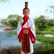 嫵紀(jì)秦始皇帝王大臣表演服裝楚趙秦漢朝春秋戰(zhàn)國劇兒童古裝演出服 白魚紅邊紅尖帽 M 110c 建議身高