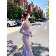 西兒紫色v領(lǐng)針織連衣裙子女春秋法式收腰魚尾長裙修身打底包臀毛衣裙 紫色 均碼
