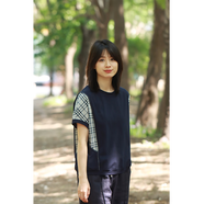 無(wú)色無(wú)味夏裝新款寬松顯瘦格紋拼接圓領(lǐng)棉彈短袖套頭襯衫上衣女裝t恤 藏藍(lán) L (38)