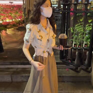 艾珠兒（Aizhuer）連衣裙女裝2025夏季新款時(shí)尚甜美刺繡短袖小個(gè)子顯瘦套裝裙子夏天 杏色上衣+半身裙子 M