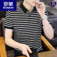 羅蒙（ROMON）冰絲翻領(lǐng)短袖t恤2024夏季新款有領(lǐng)條紋polo.衫青士修身上衣服半袖 9813黑色 165/M