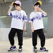 猴兄仔新款網(wǎng)紅男童夏季套裝2022新款兒童夏裝兩件套男孩短袖T恤5到15歲中大童潮流帥氣時(shí)髦夏天衣服 白色 120(建議身高110CM左右)