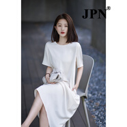 JPN香港潮牌短袖圓領連衣裙女2025夏季新款休閑寬松顯瘦中長款A字裙 白色 XL