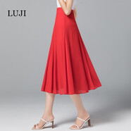LUJI 半身裙2021夏季新款高腰中長(zhǎng)款半裙香港潮牌復(fù)古百搭顯瘦A字裙女時(shí)尚印花過(guò)膝大裙擺傘裙 紅色 S 1.8尺-1.9尺