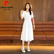 皮爾卡丹（pierre cardin）連衣裙女夏季2025新款短袖拼接過膝長裙收腰顯瘦遮肉高腰蛋糕裙潮 白色 L (100-120斤)