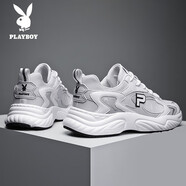 花花公子（PLAYBOY）男鞋秋款男士休閑鞋男潮流百搭運動(dòng)鞋子潮鞋透氣網(wǎng)面跑步鞋 白灰 39