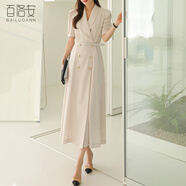 百洛安職業(yè)通勤西裝連衣裙女夏時尚翻領(lǐng)短袖中長裙系帶收腰a字裙 米杏色 S