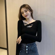 黑色保暖打底衫春秋季新款長(zhǎng)袖T恤女性感修身內(nèi)搭設(shè)計(jì)感上衣 黑色 L 100-114斤