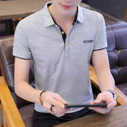 貝吉棋夏季男士翻領(lǐng)T恤短袖純色衣服男裝青年韓版休閑有領(lǐng)子半袖體恤 灰色黑領(lǐng) M