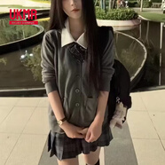 UKMRjk制服學(xué)院風(fēng)美拉德套裝灰色針織開(kāi)衫小眾甜酷日系復古毛衣外搭女 白色襯衫+領(lǐng)結+煙灰格裙 (兩件套 S 75-95斤